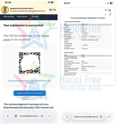 Vietnam Digital Arrival Card - PDF confirmation with QR code