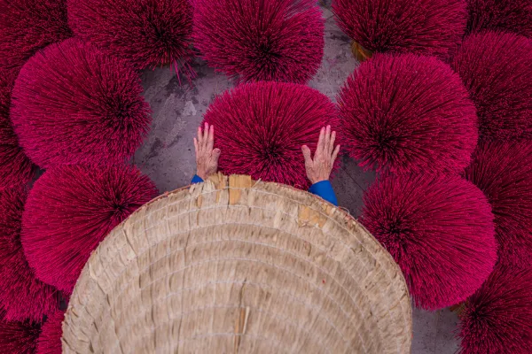 Bundles of red incense drying at a craft village near Hanoi