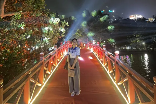 Ngoc Son Temple lit up at night in Hanoi